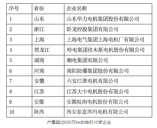 產(chǎn)量超過600萬kw的電機(jī)10家企業(yè)